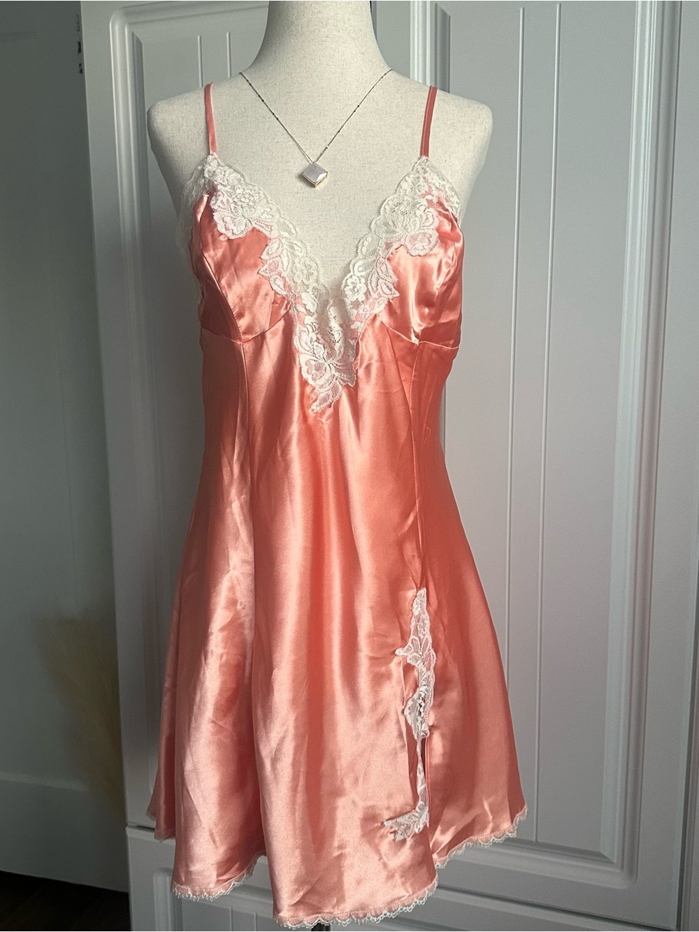 Vintage Fredericks of Hollywood Satin Lace Chemise Slip Dress Peach Coral XL